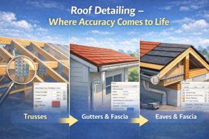 3D image of a roof model showing detailed trusses, gutters, fascia, and eaves used for precise roof construction