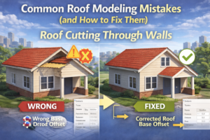 3D illustration showing a common Revit roof modeling mistake where the roof cuts through walls, with a corrected example.
