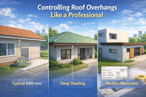 3D image of three houses showing different roof overhang styles, including standard 600 mm eaves, deep shading overhangs, and modern minimal edges.