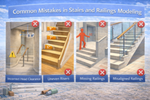 Common mistakes in stairs and railings modeling explained through a detailed 3D architectural illustration.