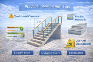 3D visualization demonstrating practical stair design guidelines for safe and comfortable stairs.