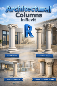3D illustration of architectural columns in Revit showing Ionic and Corinthian column types, interior columns, and columns embedded in walls