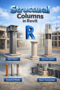 3D illustration of structural columns in Revit showing steel and concrete columns with analytical model and beam connections