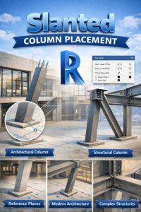 3D Revit model demonstrating slanted column placement with inclined structural and architectural columns connected to beams and foundations