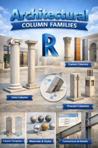 3D illustration of architectural column families in Revit showing different column types such as classical, rectangular, and interior columns