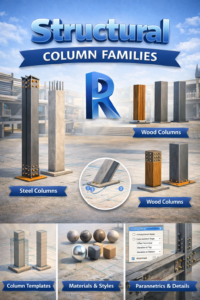 3D illustration of structural column families in Revit showing steel, concrete, and wood columns with templates, materials, and parametric details