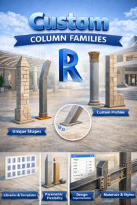3D illustration of custom column families in Revit showing unique column shapes, custom profiles, parametric controls, and material variations