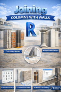 3D illustration showing joining columns with walls in Revit, demonstrating clean wall-column geometry, embedded columns, and proper join behavior