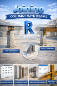 3D illustration showing joining columns with beams in Revit, demonstrating structural beam-to-column connections, steel framing details, and clean join geometry