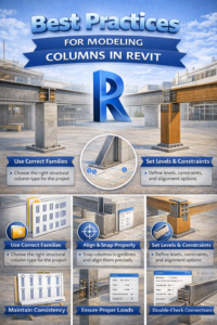 3D infographic showing best practices for modeling columns in Revit, including correct families, alignment to grids, level constraints, load checks, and beam connections