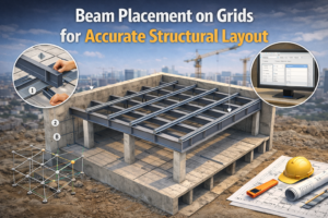 Steel beams aligned on grids in a 3D Revit structural model.