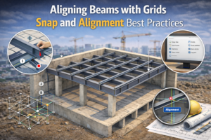 3D Revit visualization explaining accurate beam alignment on grids.
