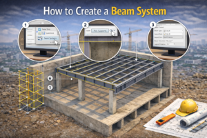 Instructional 3D Revit view showing beam system setup and layout rules