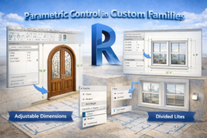 Custom Revit families showing parameter-based control of doors and windows