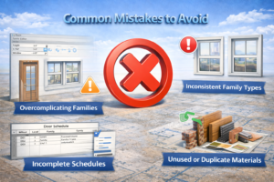 Mistakes to avoid in BIM workflows illustrated with warning symbols and examples