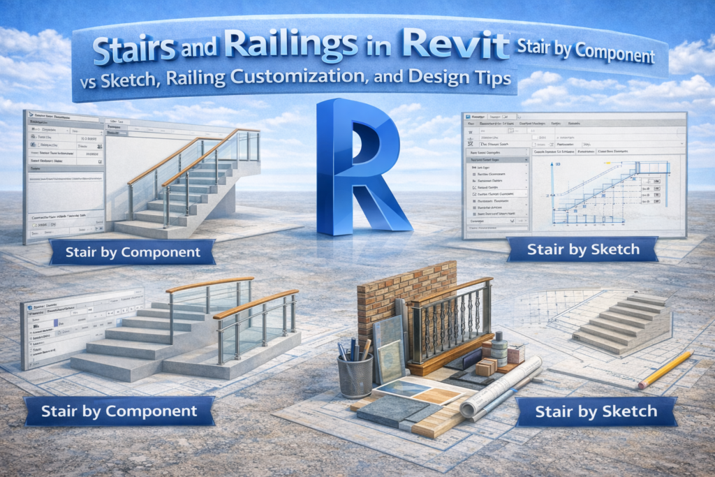 BIM-focused 3D image demonstrating stairs and railings in Revit with modeling methods and railing customization concepts.”