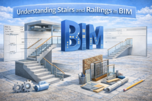3D BIM illustration explaining stairs and railings with coordinated models, levels, and railing systems