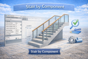 Stair by component workflow in Revit displayed through a 3D staircase with automatic riser and tread calculation