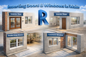 Revit 3D model demonstrating door and window placement in walls