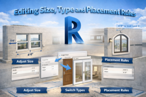 Revit properties workflow showing resizing windows, switching door types, and setting offsets