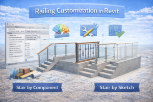 Architectural 3D graphic showing different railing designs and customization settings in Revit.