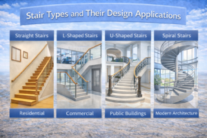 Architectural 3D graphic displaying straight, L-shaped, U-shaped, and spiral stairs for different building uses