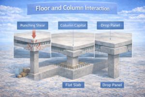 Structural detail visualization highlighting column capitals and slab reinforcement in a concrete frame