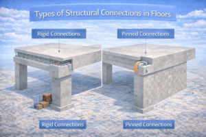 3D construction diagram comparing fixed and rotating connections between slabs and supports