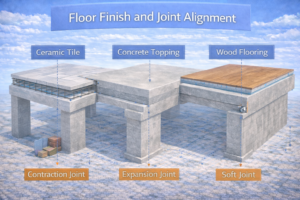 3D construction model showing coordinated joint placement beneath various floor finishes