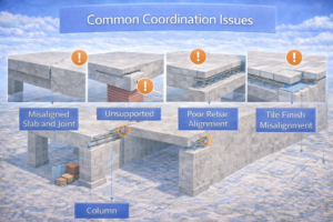 3D construction diagram showing common mistakes in slab, reinforcement, and floor finish coordination