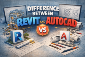 Side-by-side view of a 3D construction model and 2D technical drawings