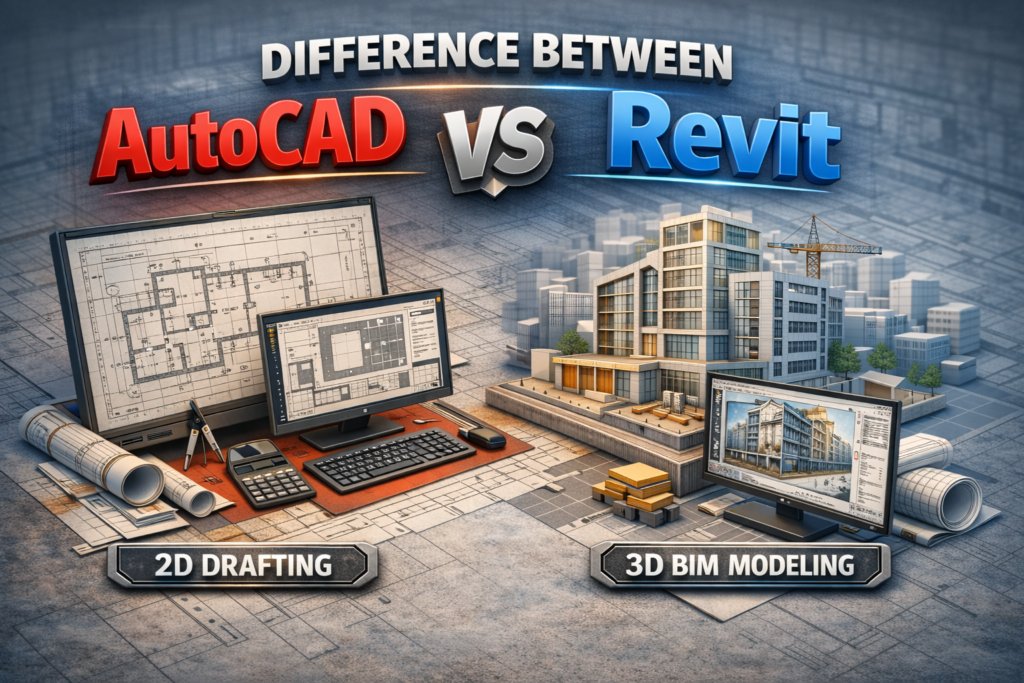 Difference between AutoCAD and Revit for beginners illustrating 2D drafting in AutoCAD and 3D BIM modeling in Revit