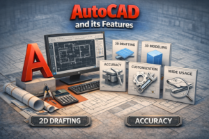 AutoCAD and its features for beginners displaying 2D drafting workspace, precision tools, and modeling capabilities