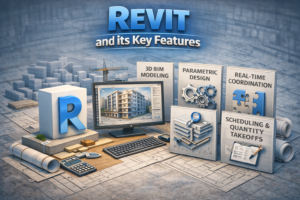 Revit and its key features illustrated in a 3D design showing BIM modeling, parametric design, coordination, and scheduling