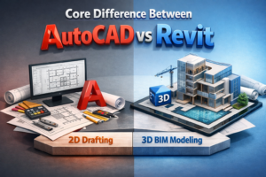 3D illustration comparing 2D drafting tools with a modern 3D building model