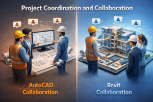 3D rendered scene showing project coordination through technical plans versus a centralized building model