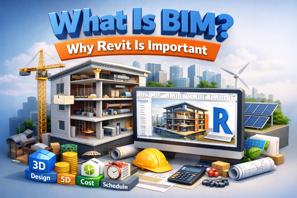 3D illustration explaining BIM and why Revit is important, showing a digital building model with architectural, structural, and MEP systems