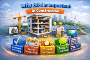 3D illustration showing why BIM is important in construction with improved accuracy, better coordination, time and cost savings, and clear communication