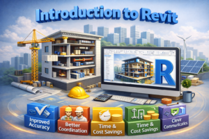 3D construction scene showing a digital building model on a computer screen alongside a real building under construction