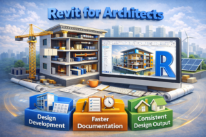 3D illustration showing an architectural building model on a computer screen beside an active construction site and design tools