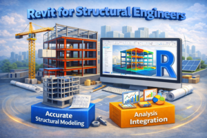 3D illustration showing a steel building structure, structural framework models, and a digital analysis interface on a computer screen