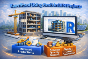 3D illustration showing a digital building model, project data, construction tools, and workflow elements highlighting efficiency and accuracy
