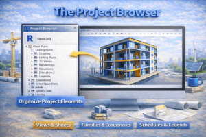 3D illustration showing a panel used to organize views, sheets, schedules, and project elements in a BIM model