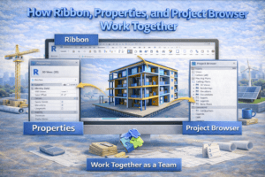 3D illustration showing how different interface panels interact while working on a building model