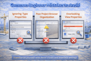 3D illustration showing common beginner mistakes such as incorrect settings, disorganized project lists, and display issues in a BIM workspace