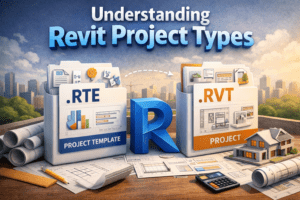 3D illustration explaining Revit project types, showing project template RTE and project RVT files with architectural elements