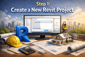 3D illustration showing Step 1 of creating a new Revit project with the New Project dialog box and architectural workspace