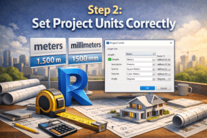 3D illustration showing unit settings in a design workspace with meters and millimeters, measurement tools, and a software units dialog