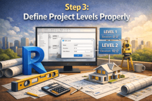 3D illustration showing building elevation levels with labeled floor heights, design software screen, and measurement tools