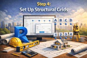 3D illustration showing building layout grid lines with numbered and lettered axes on a design workspace